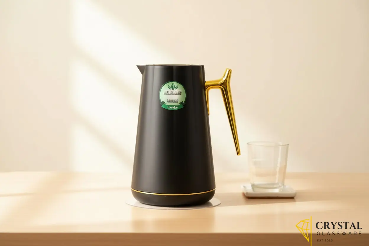 Lavidar branded thermos flask in black matte exterior with a luxurious gold handle and lid